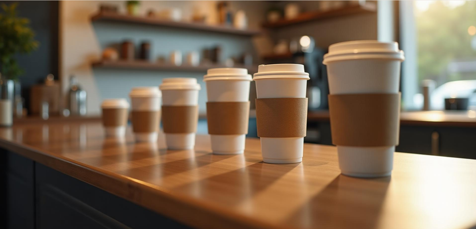 Multiple takeaway coffee cups with custom sleeves on wooden counter